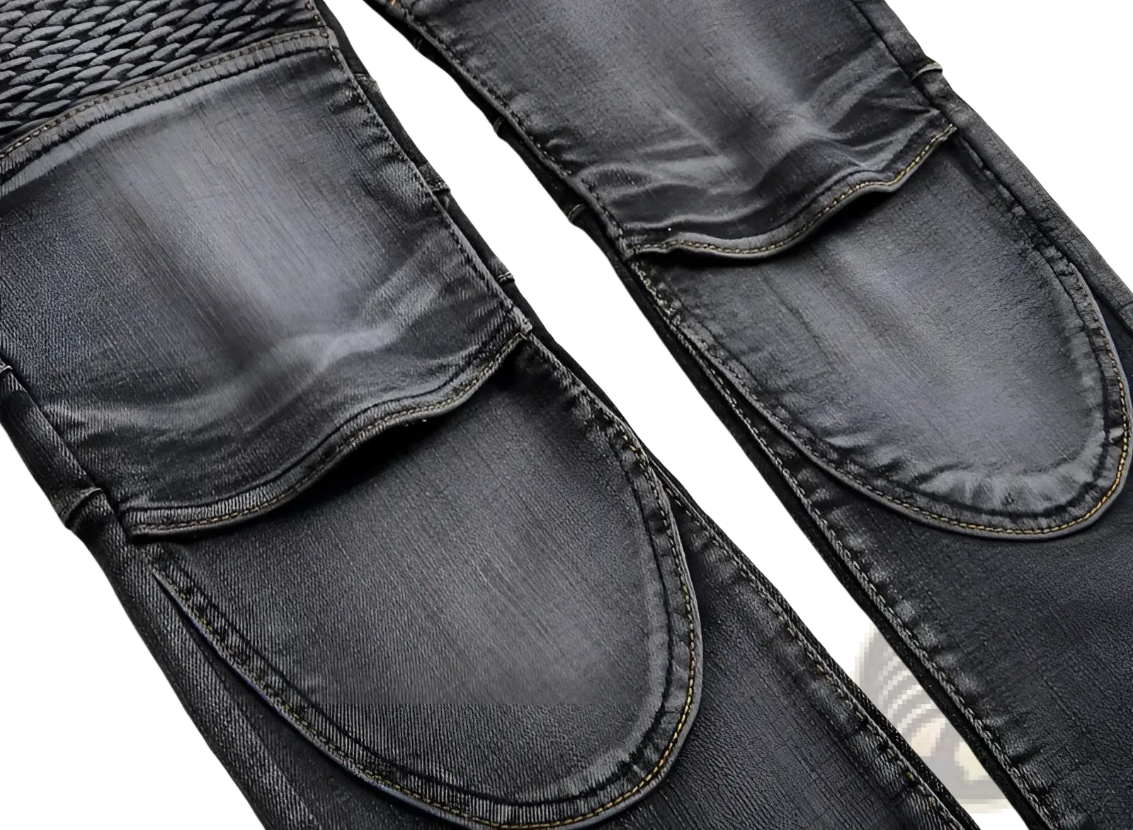 Dark gray slim fit men motorcycle jeans made of denim with reinforced textured knee patches and visible stitching