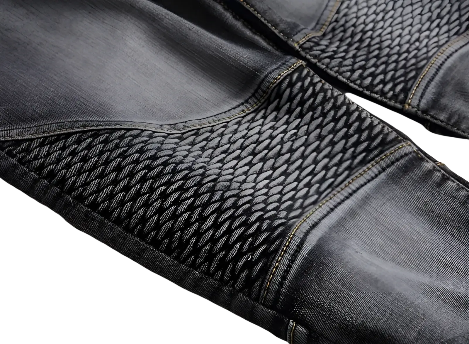 Dark gray men motorcycle jeans with distressed slim fit denim and textured woven mesh panel on the thigh