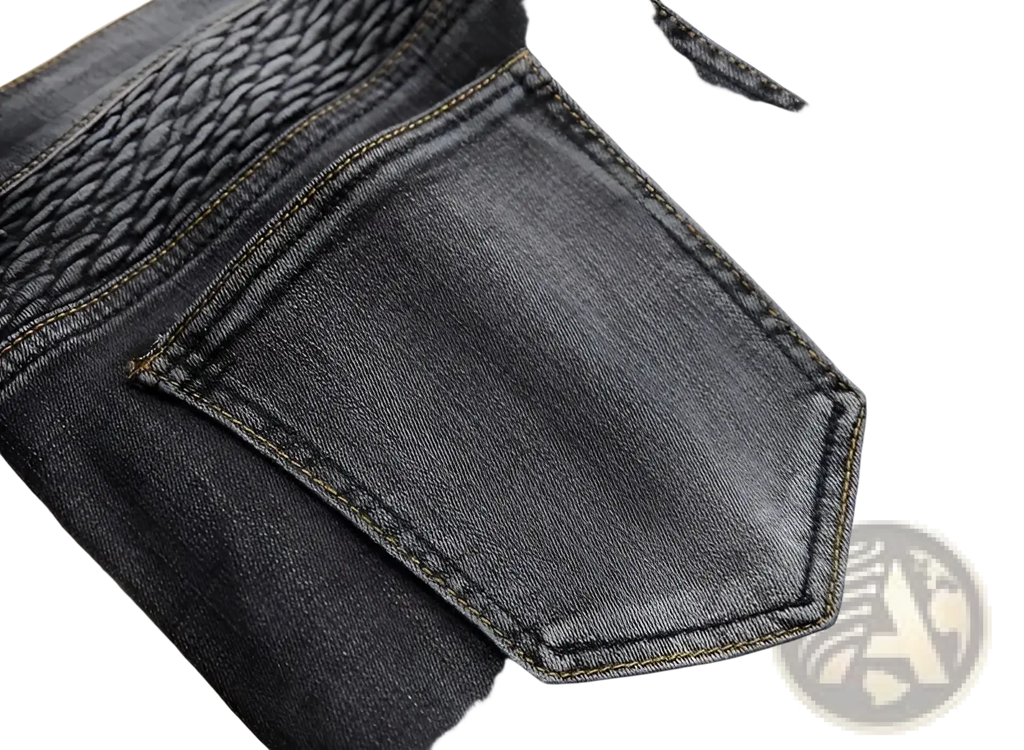 Men motorcycle jeans distressed slim fit dark gray denim with woven waistband texture and contrasting stitching