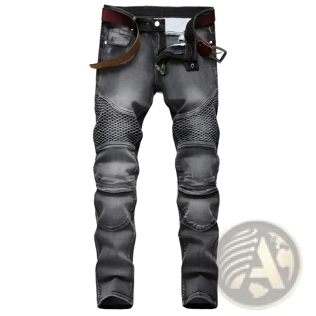 Men motorcycle jeans distressed slim fit dark gray denim pants with reinforced mesh panels on thighs and knees