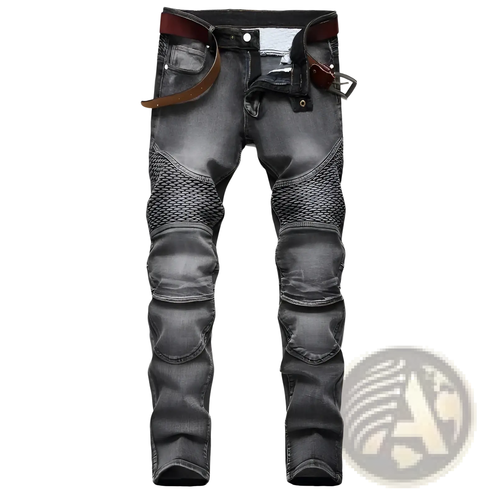 Men motorcycle jeans distressed slim fit dark gray denim pants with reinforced mesh panels on thighs and knees