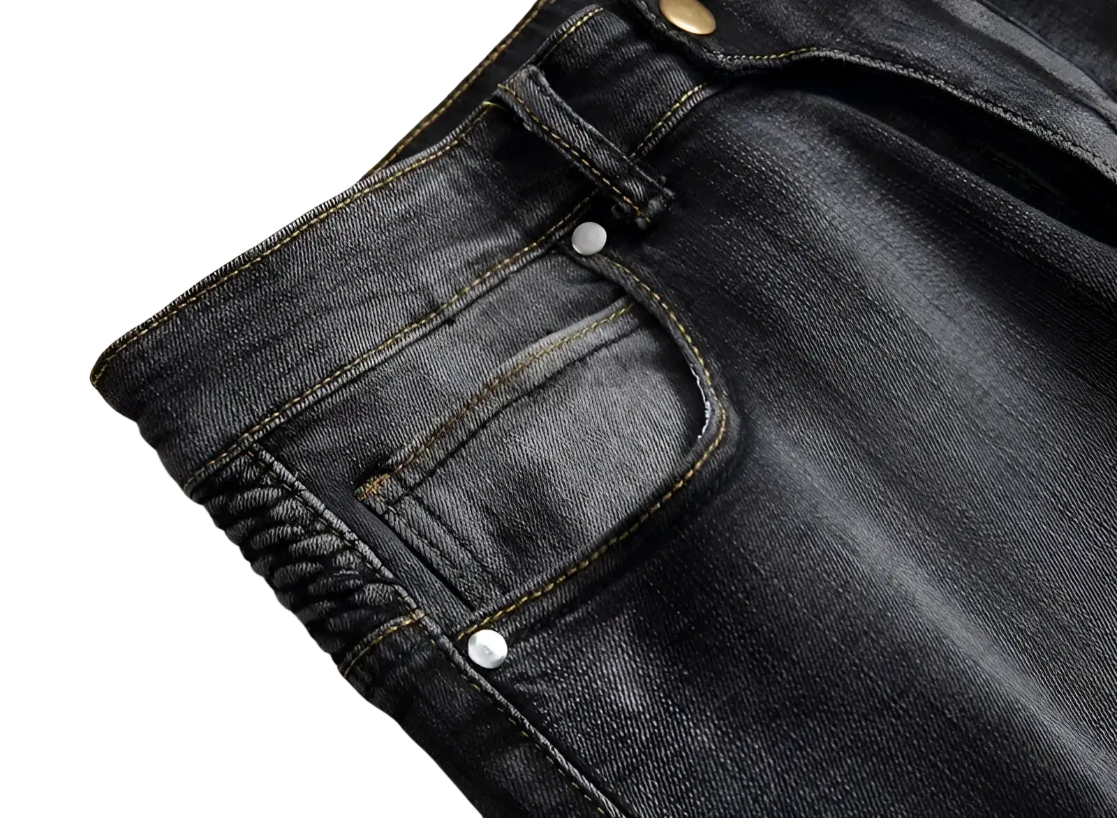 Men motorcycle jeans distressed slim fit denim trousers in dark wash with subtle faded texture and yellow stitching
