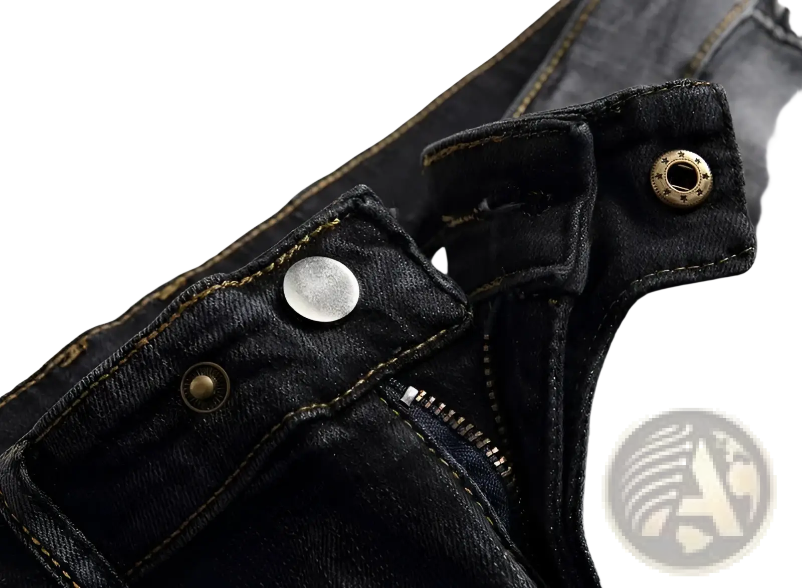 Men motorcycle jeans distressed slim fit dark-wash denim with classic button fly and contrasting brass silver hardware