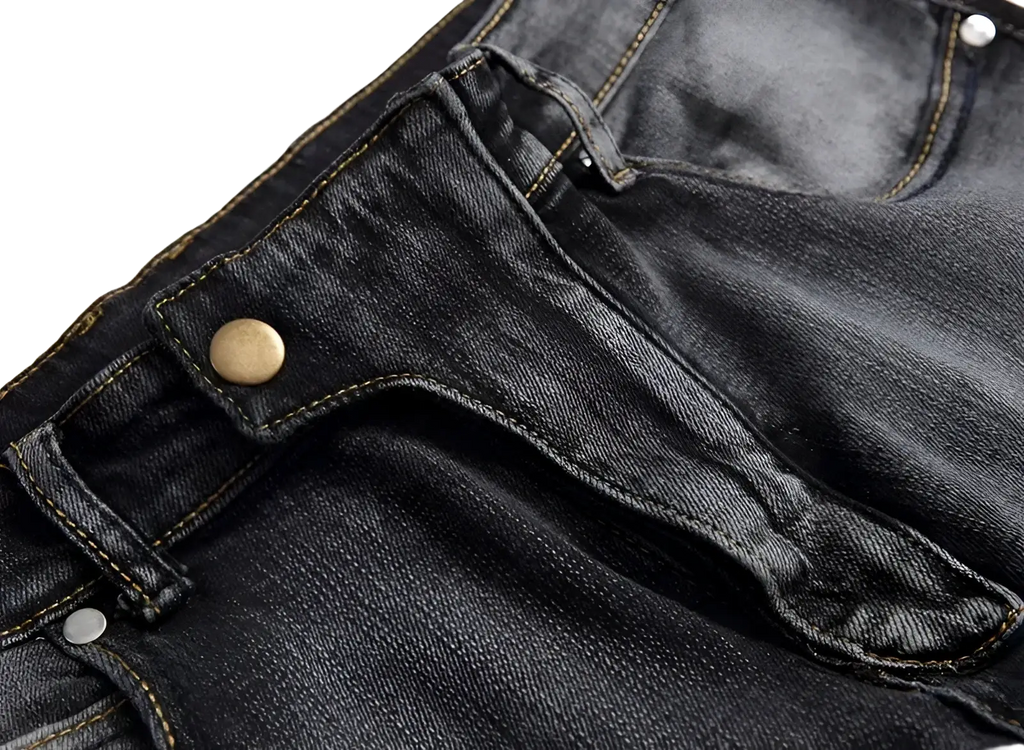 Men motorcycle jeans distressed slim fit dark-wash denim with rugged texture and contrasting yellow stitching