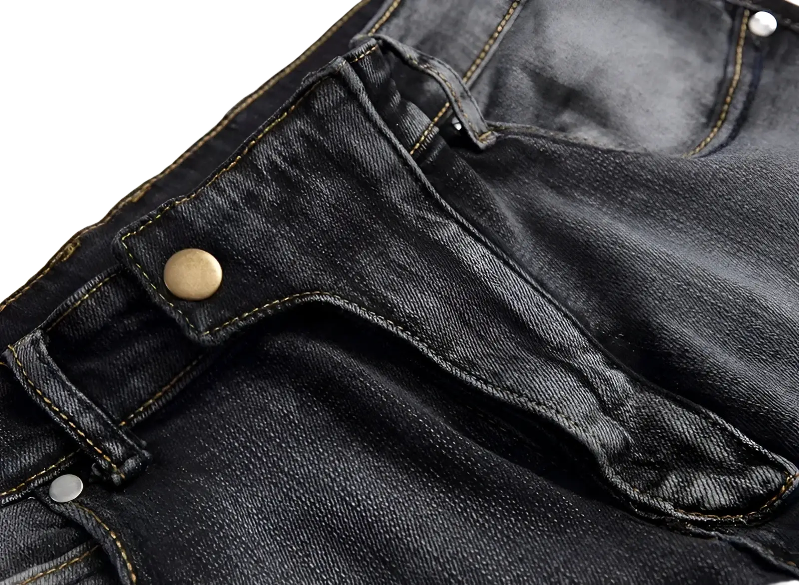 Men motorcycle jeans distressed slim fit dark-wash denim with rugged texture and contrasting yellow stitching