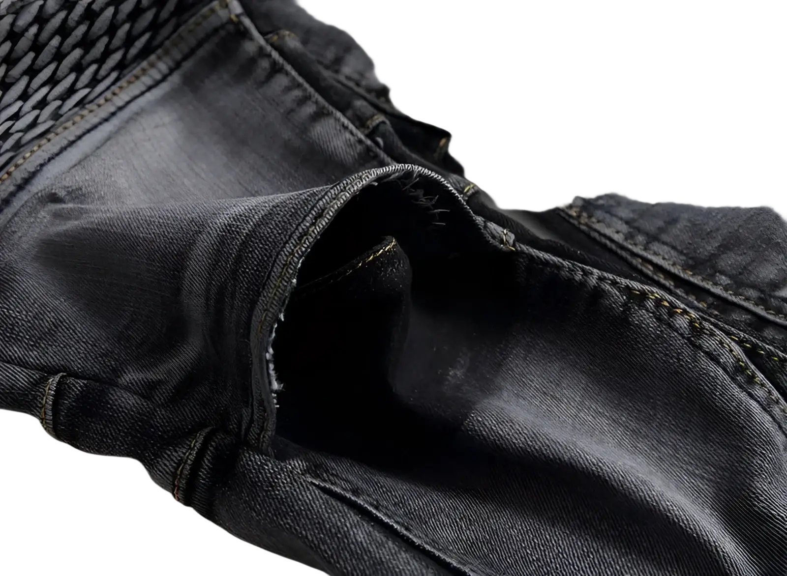 Men motorcycle jeans dark-wash denim with distressed frayed back pocket edge and visible stitching slim fit trousers