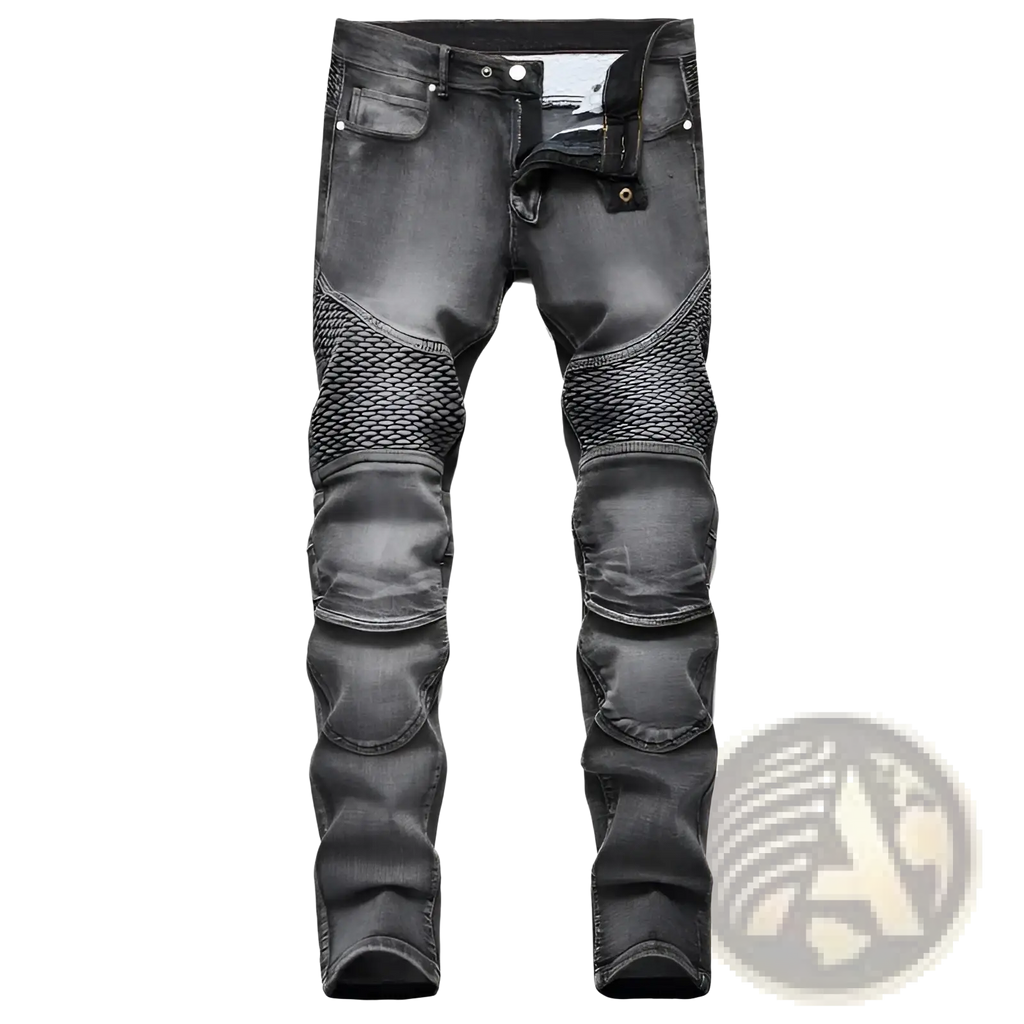 Men motorcycle jeans distressed slim fit black denim trousers with reinforced mesh and padded knee sections