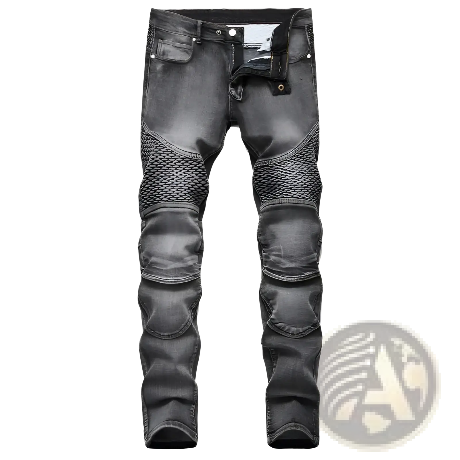 Men motorcycle jeans distressed slim fit black denim trousers with reinforced mesh and padded knee sections