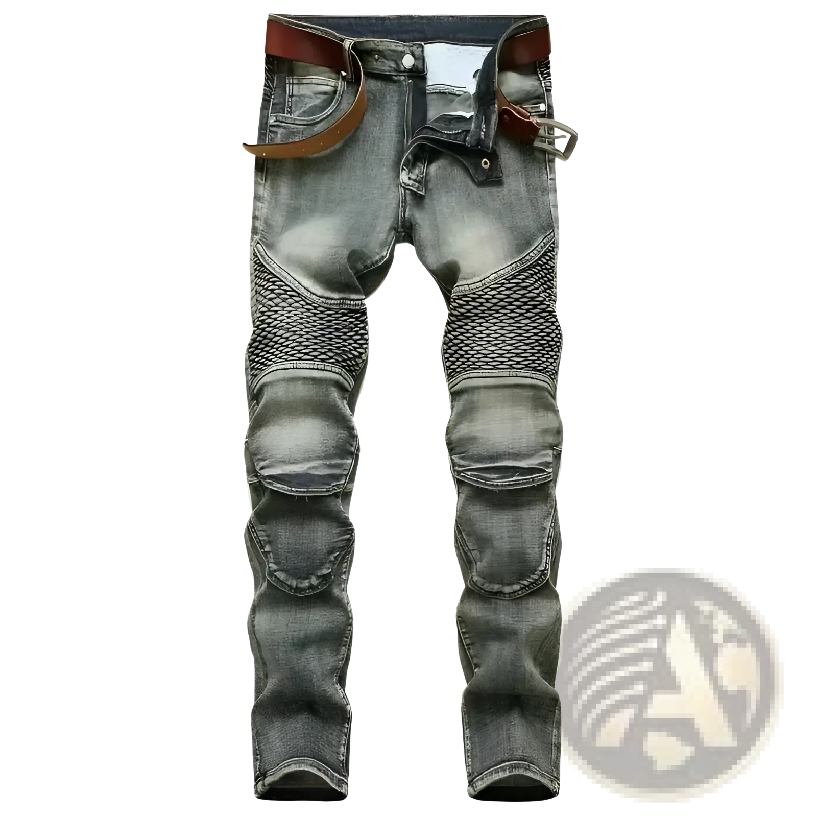 Men motorcycle jeans distressed slim fit gray denim trousers with reinforced mesh panels and brown leather belt