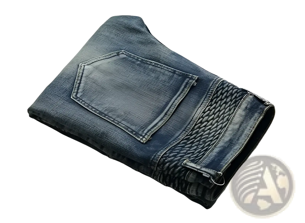 Men motorcycle jeans distressed slim fit dark blue denim trousers with textured woven pattern along back side seam
