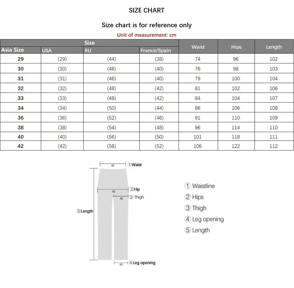 Size chart for men motorcycle jeans distressed slim fit denim trousers showing measurements in cm across international sizes
