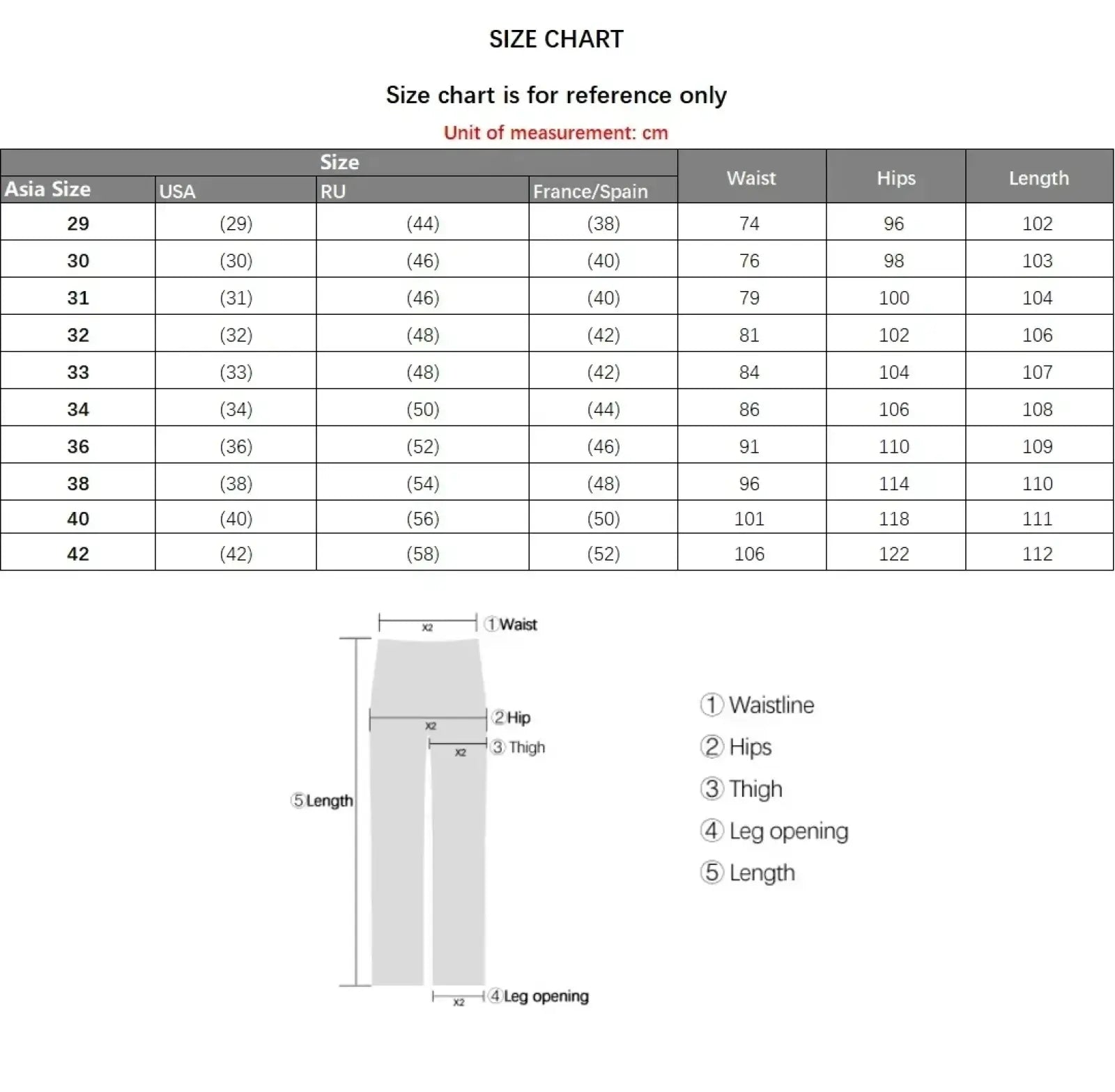 Size chart for men motorcycle jeans distressed slim fit denim trousers showing measurements in cm across international sizes