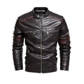 Men’s fleece lined black leather motorcycle jacket with red stitching and quilted shoulder panels visible from the back