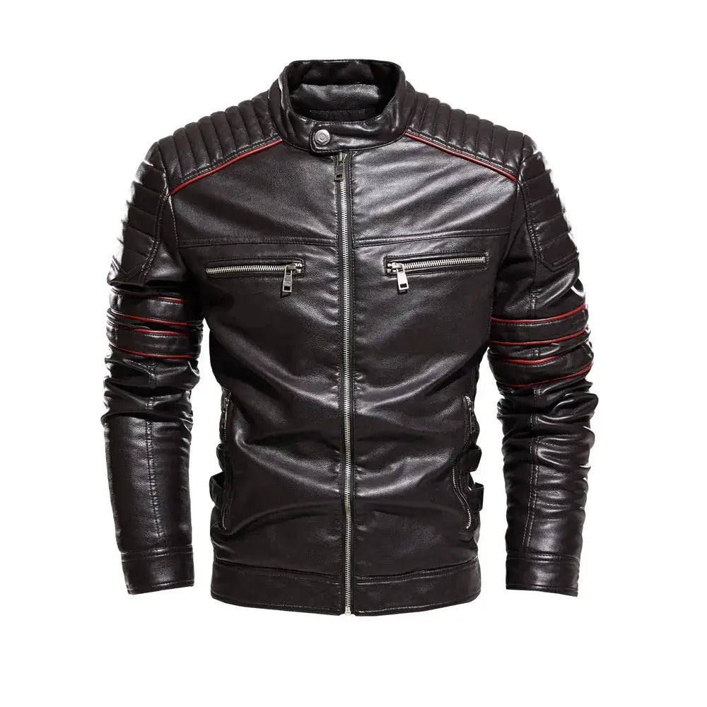 Men’s fleece lined black leather motorcycle jacket with red stitching and quilted shoulder panels visible from the back