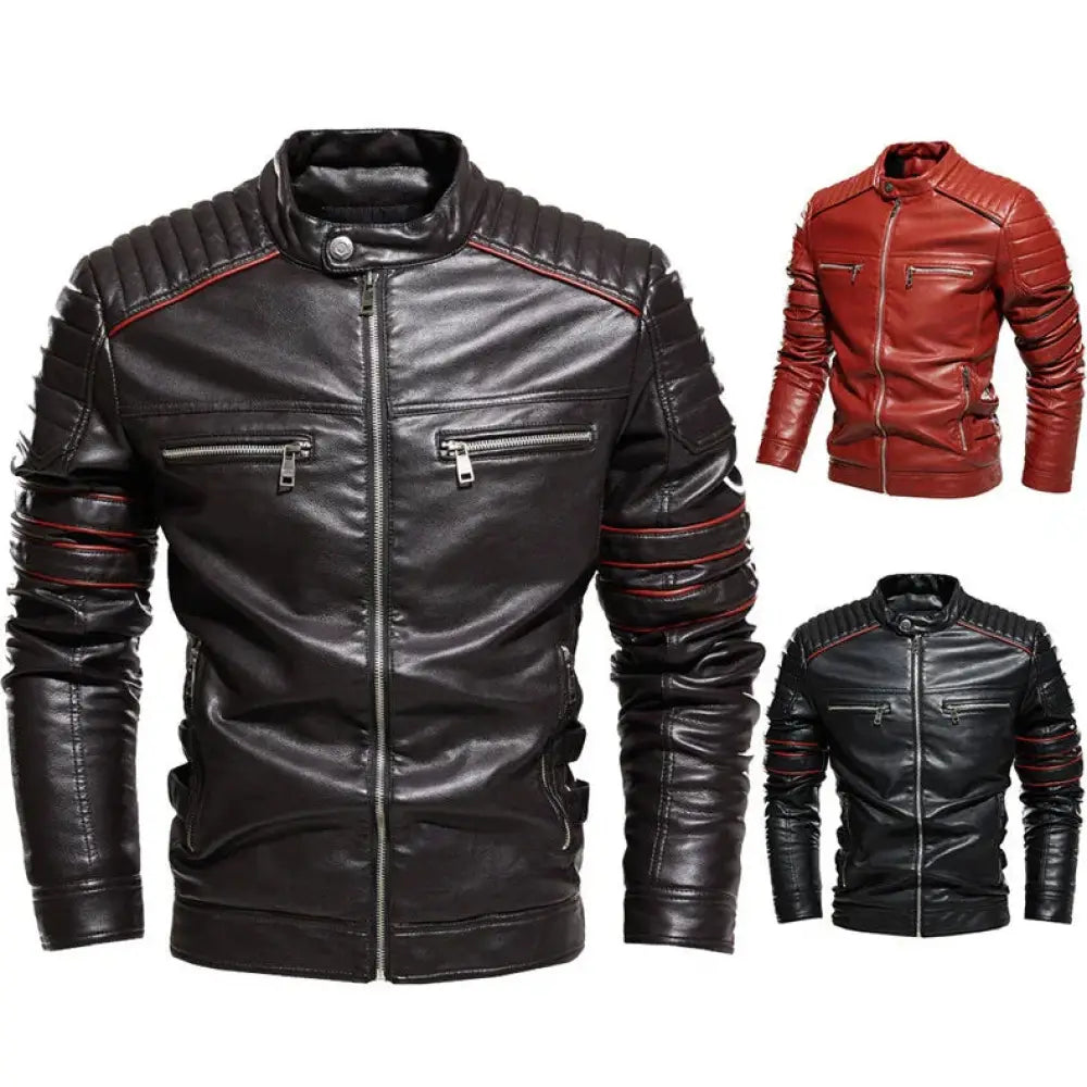 Men’s fleece lined black leather motorcycle jacket with red stitching accents and quilted shoulder panels