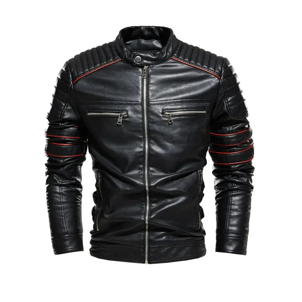 Men’s fleece lined black leather motorcycle jacket with red stitching and ribbed shoulder panels front view