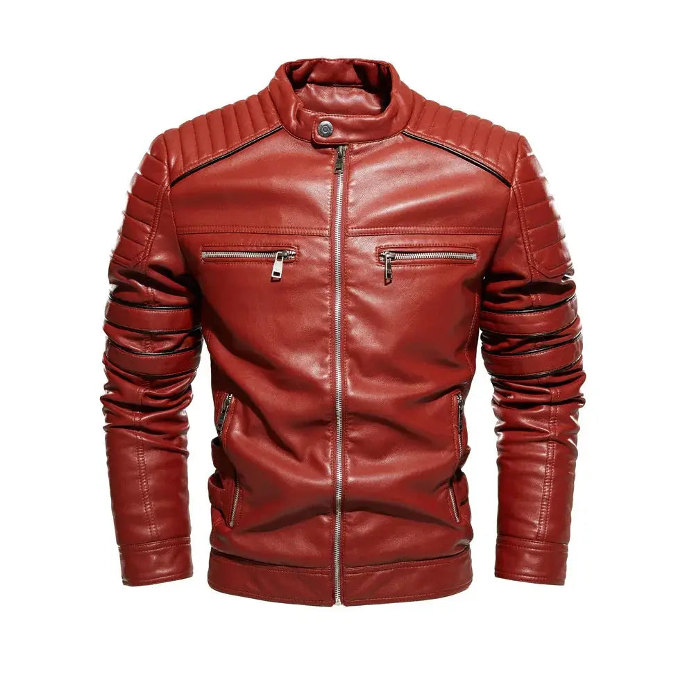 Men’s rich red faux leather biker jacket with quilted shoulders silver zippers and fleece lining for motorcycle use
