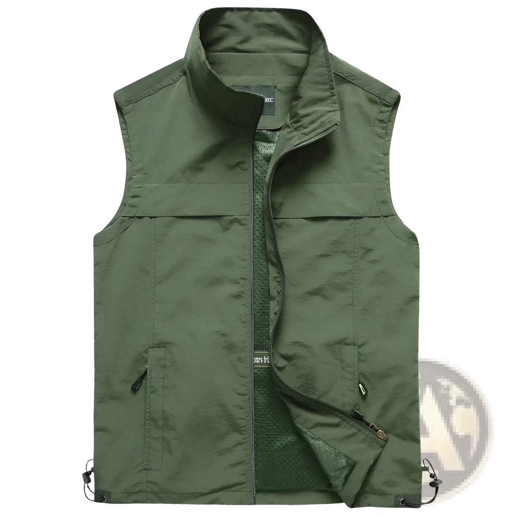 Men multi pocket fishing vest in olive green featuring multiple pockets and a high collar for utility use