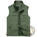 Men multi pocket fishing vest in olive green featuring multiple pockets and a high collar for utility use