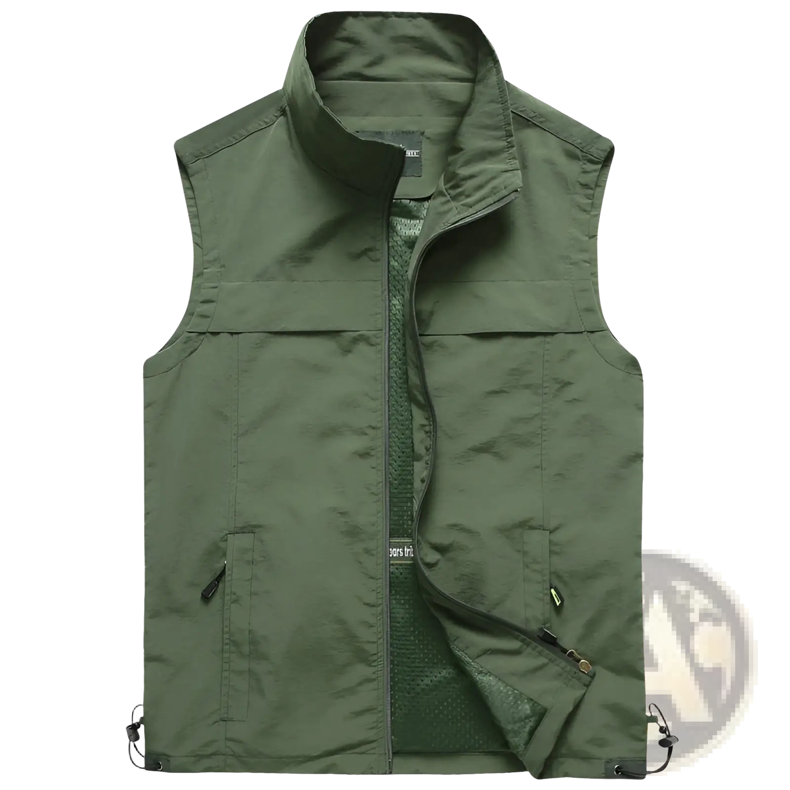 Men multi pocket fishing vest in olive green featuring multiple pockets and a high collar for utility use