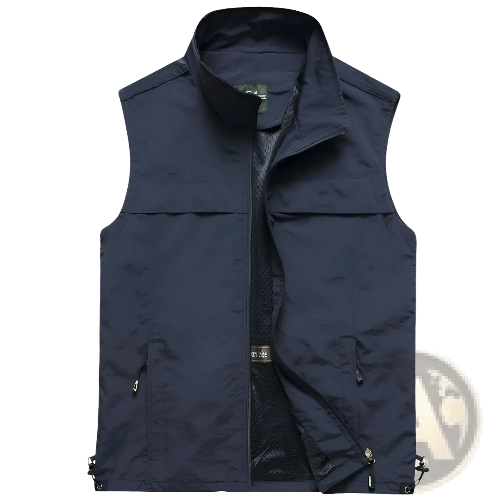 Dark navy men multi pocket fishing vest with high collar sleeveless design front zipper and multiple zippered pockets