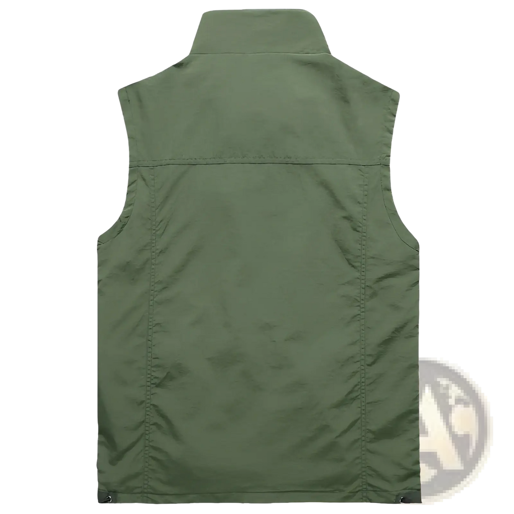 Men multi pocket fishing vest in olive green sleeveless design with stand-up collar and visible stitching details