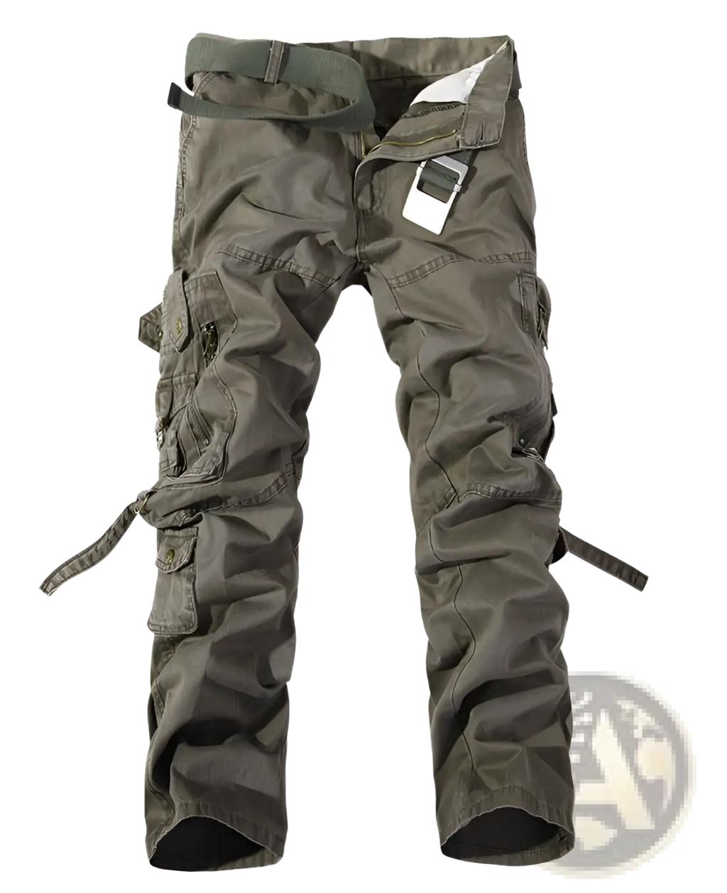 Men multi pocket washed olive green cargo pants with multiple pockets and adjustable straps for versatile wear