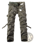 Men multi pocket washed olive green cargo pants with multiple pockets and adjustable straps for versatile wear