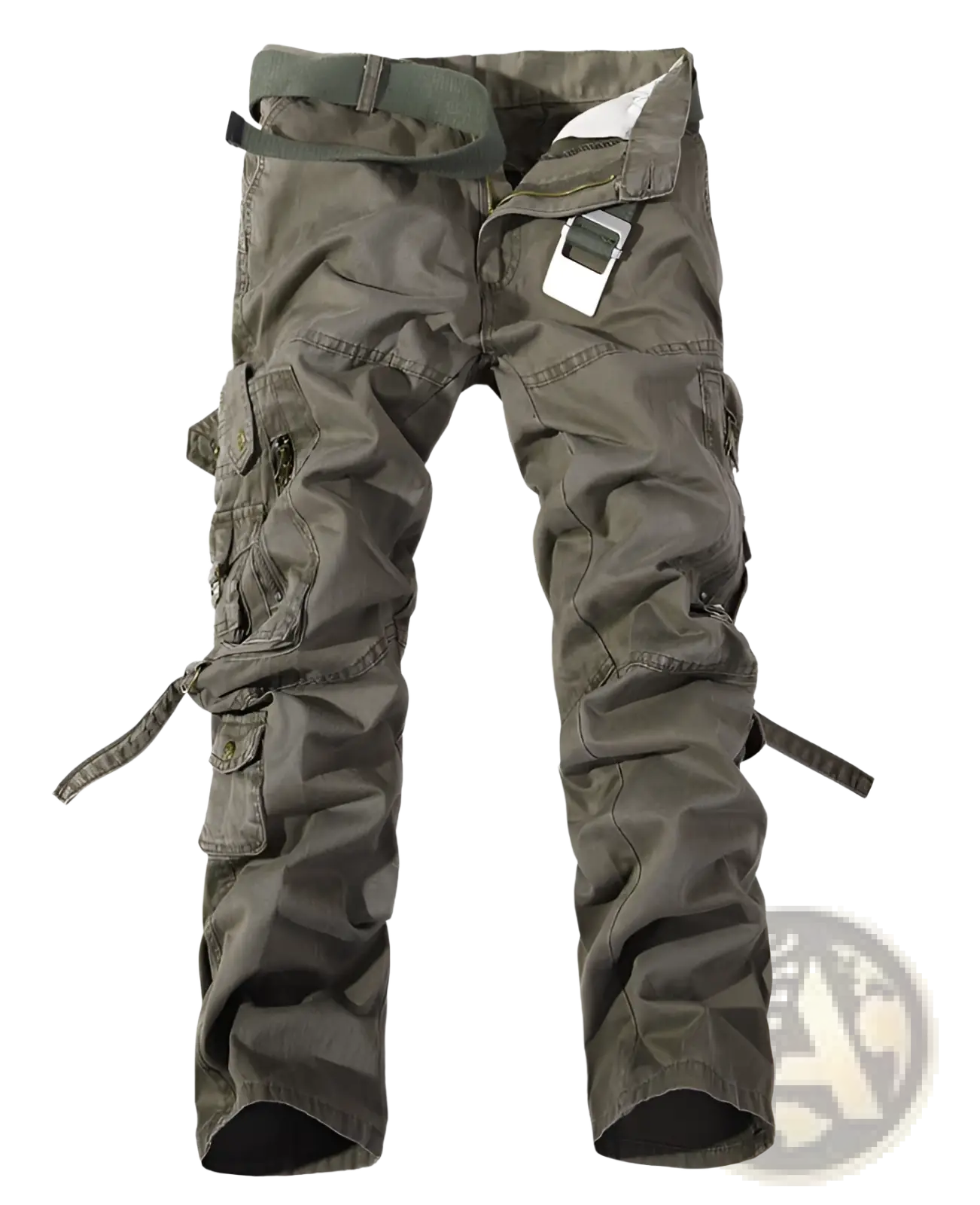 Men multi pocket washed olive green cargo pants with multiple pockets and adjustable straps for versatile wear