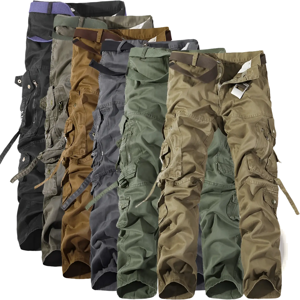 Men multi pocket washed cargo pants in black olive green brown and gray with zippered and buttoned pockets