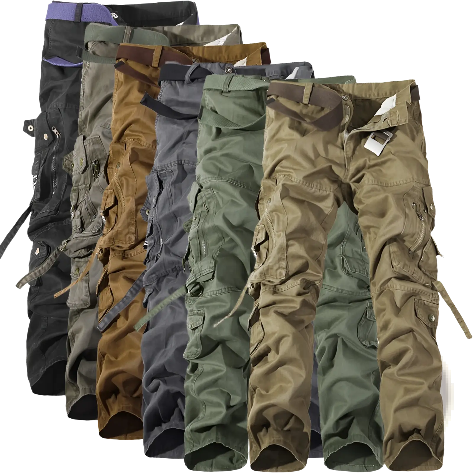 Men multi pocket washed cargo pants in black olive green brown and gray with zippered and buttoned pockets