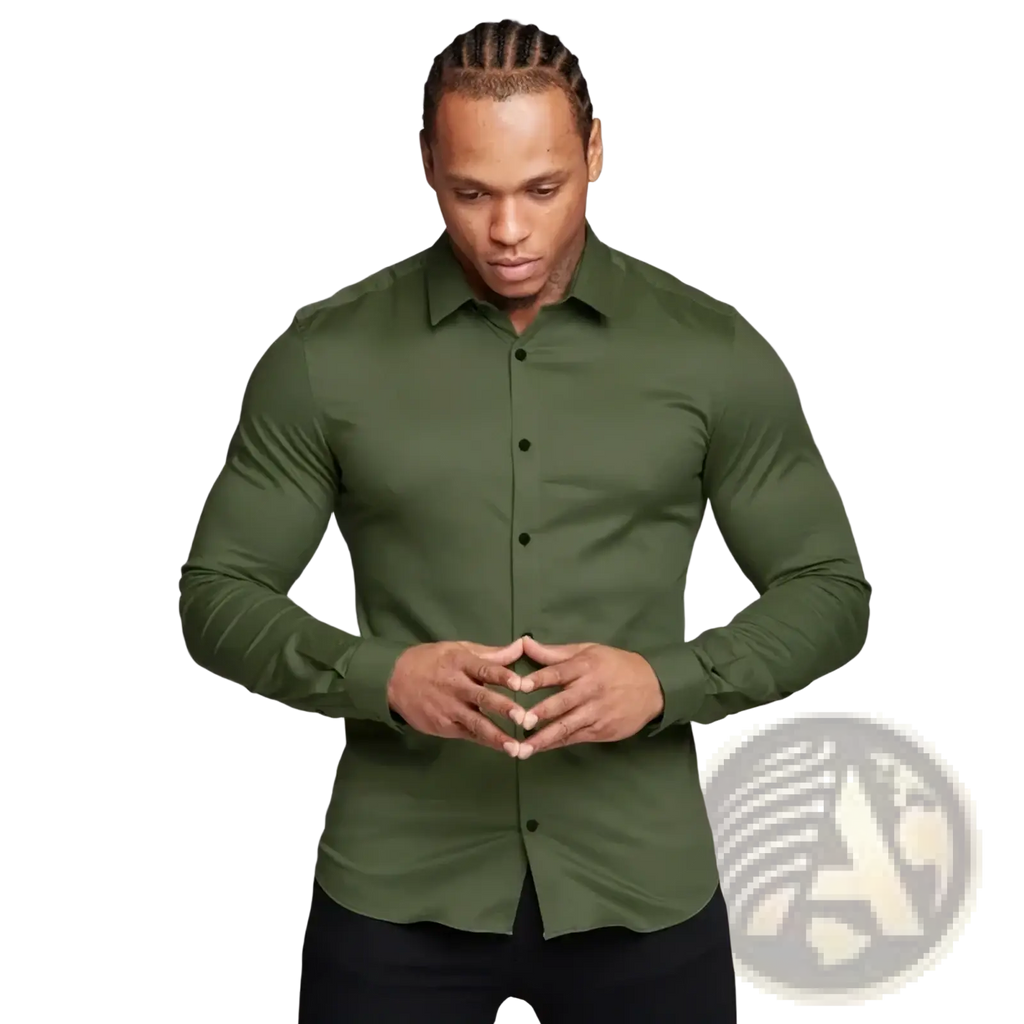 Men muscle fit dress shirt slim button down in olive green long-sleeved neatly pressed fabric with classic collar