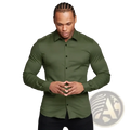 Men muscle fit dress shirt slim button down in olive green long-sleeved neatly pressed fabric with classic collar