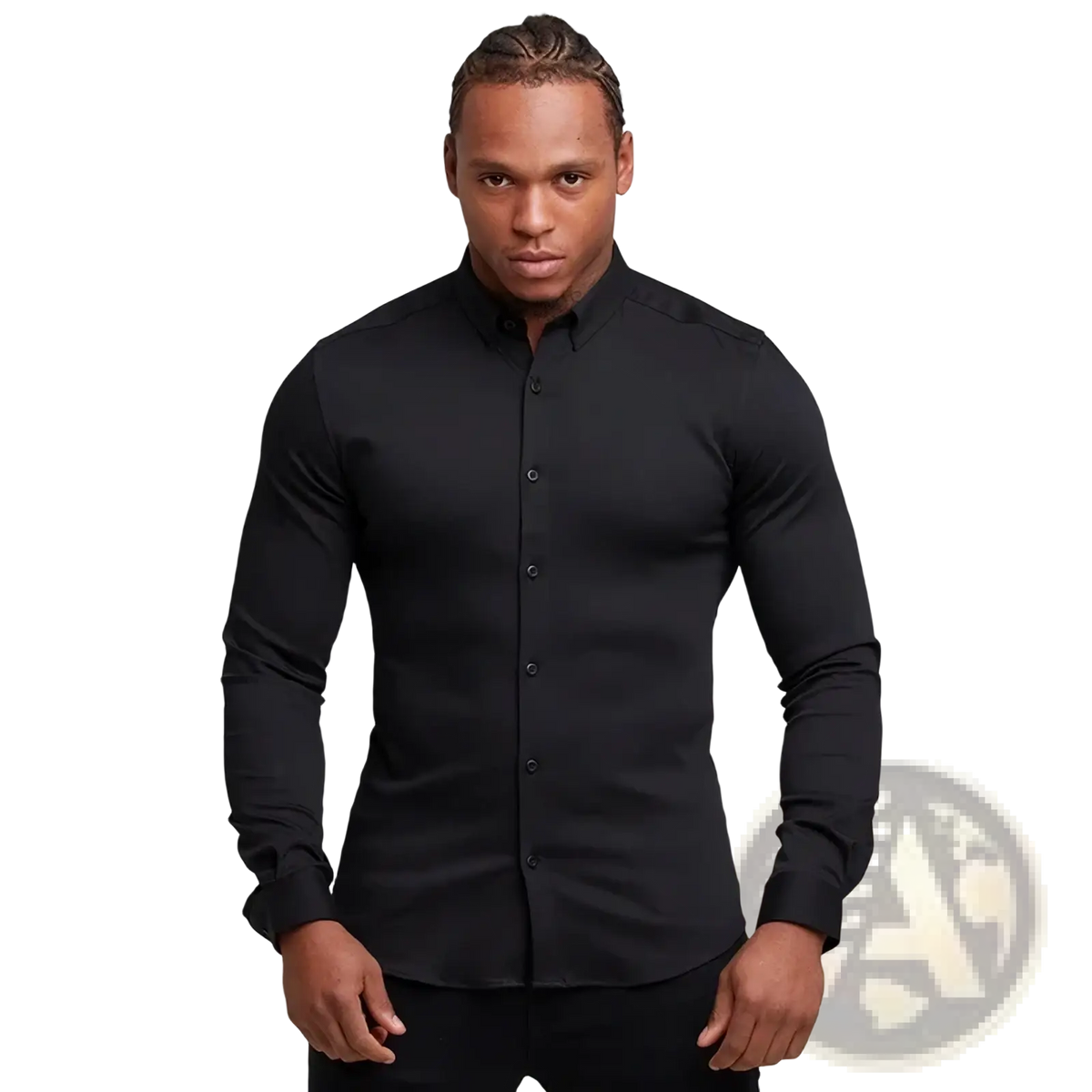 Men muscle fit dress shirt in black slim button down with stand-up collar designed for a tailored formal look