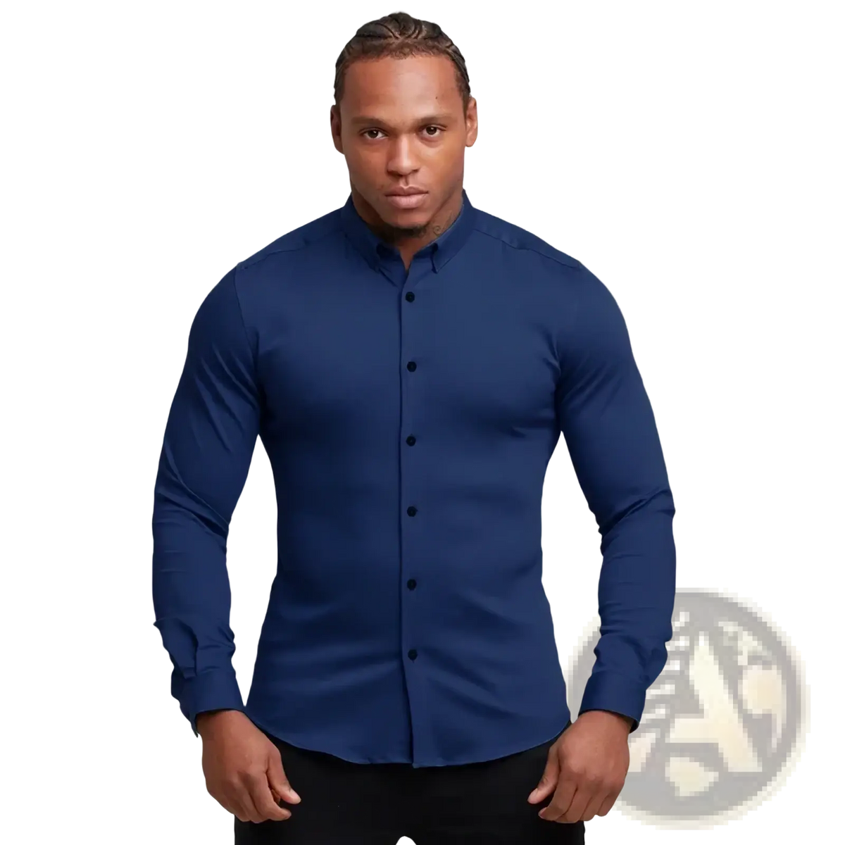 Men muscle fit dress shirt slim button down in sleek navy blue with fitted long sleeves and stand collar