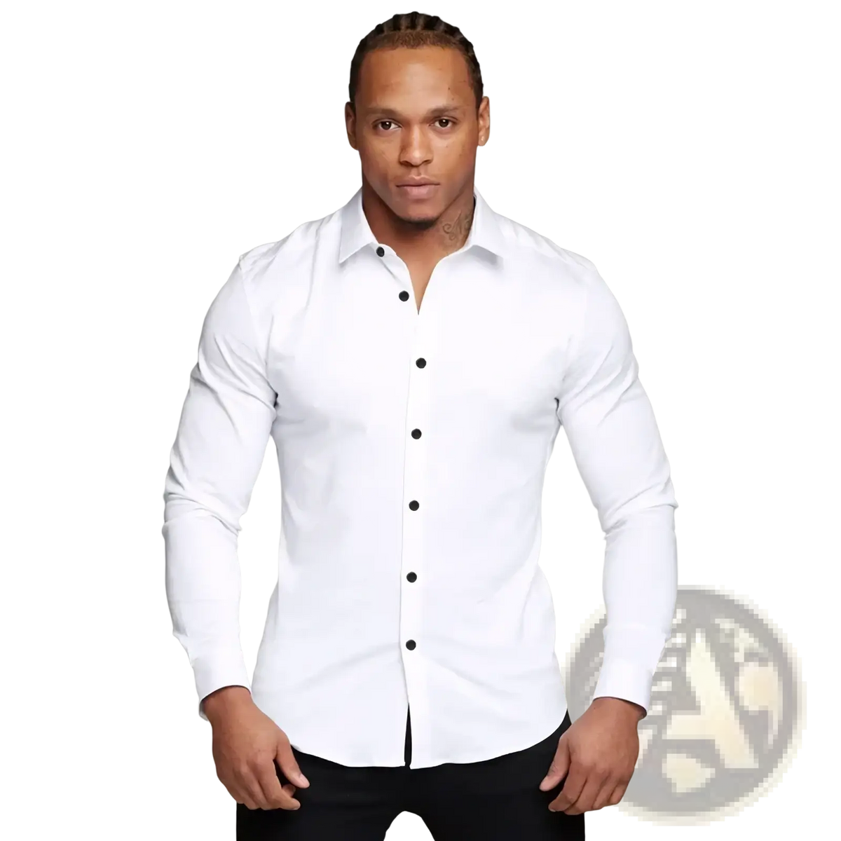 Men muscle fit dress shirt slim button down in sleek white with black buttons and long sleeves for a modern fitted look