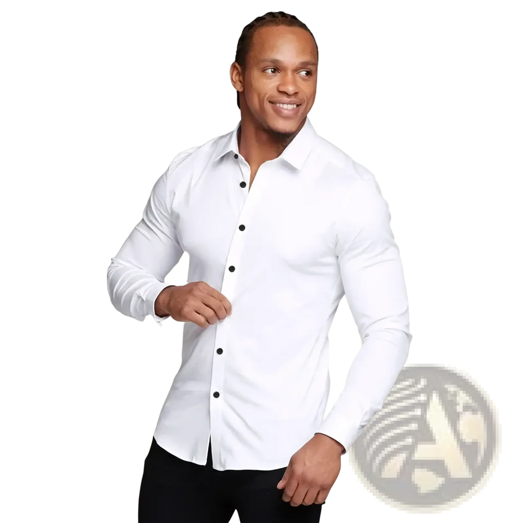 Men muscle fit dress shirt slim button down in sleek white with black buttons and long sleeves for formal wear