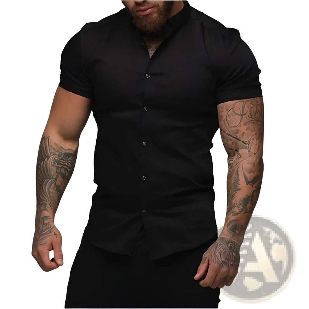 Men muscle fit polo shirt in black with short sleeves, slim fit, and subtle textured fabric for a sleek look