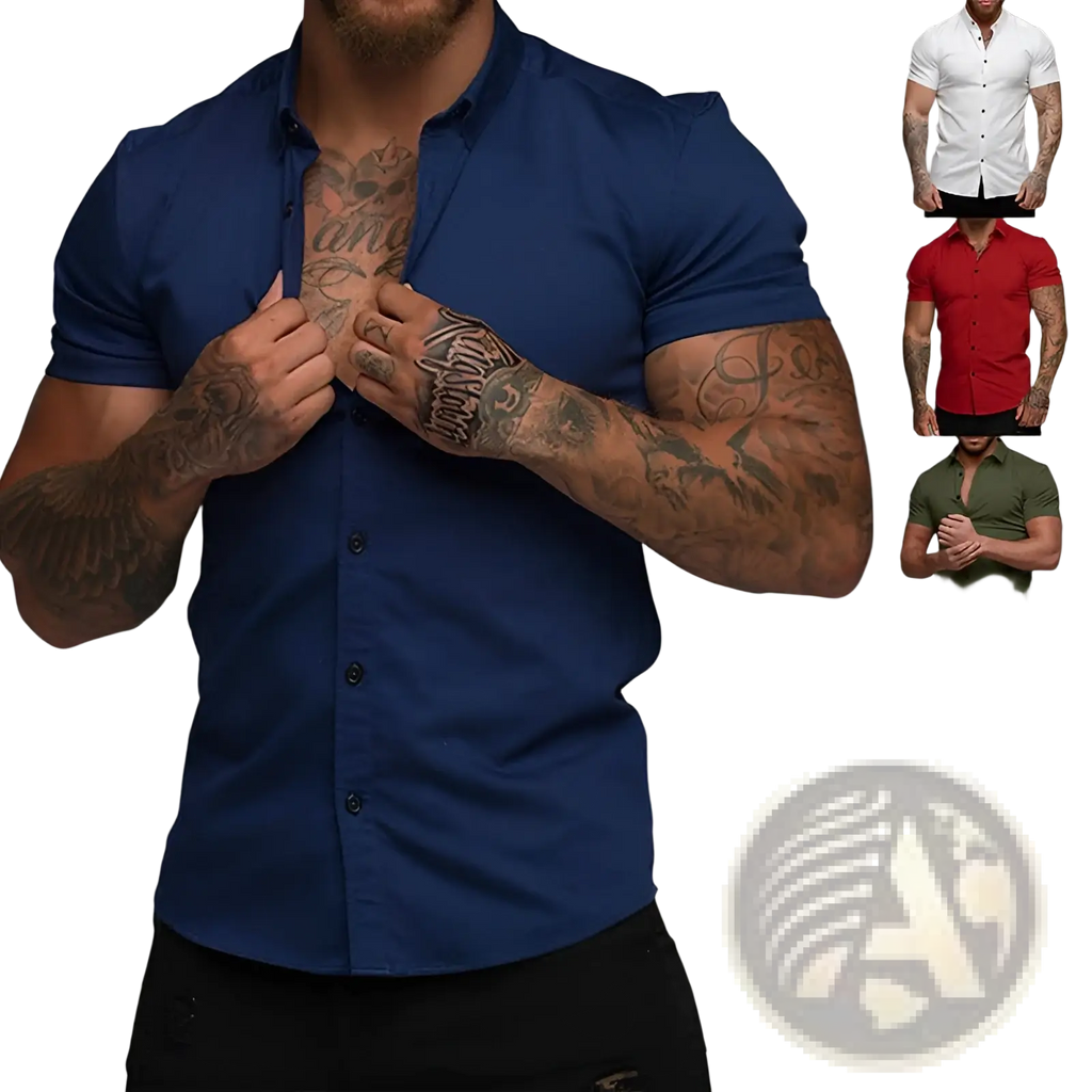 Blue short-sleeved muscle fit polo shirt with a modern fitted design ideal for men seeking stylish casual wear
