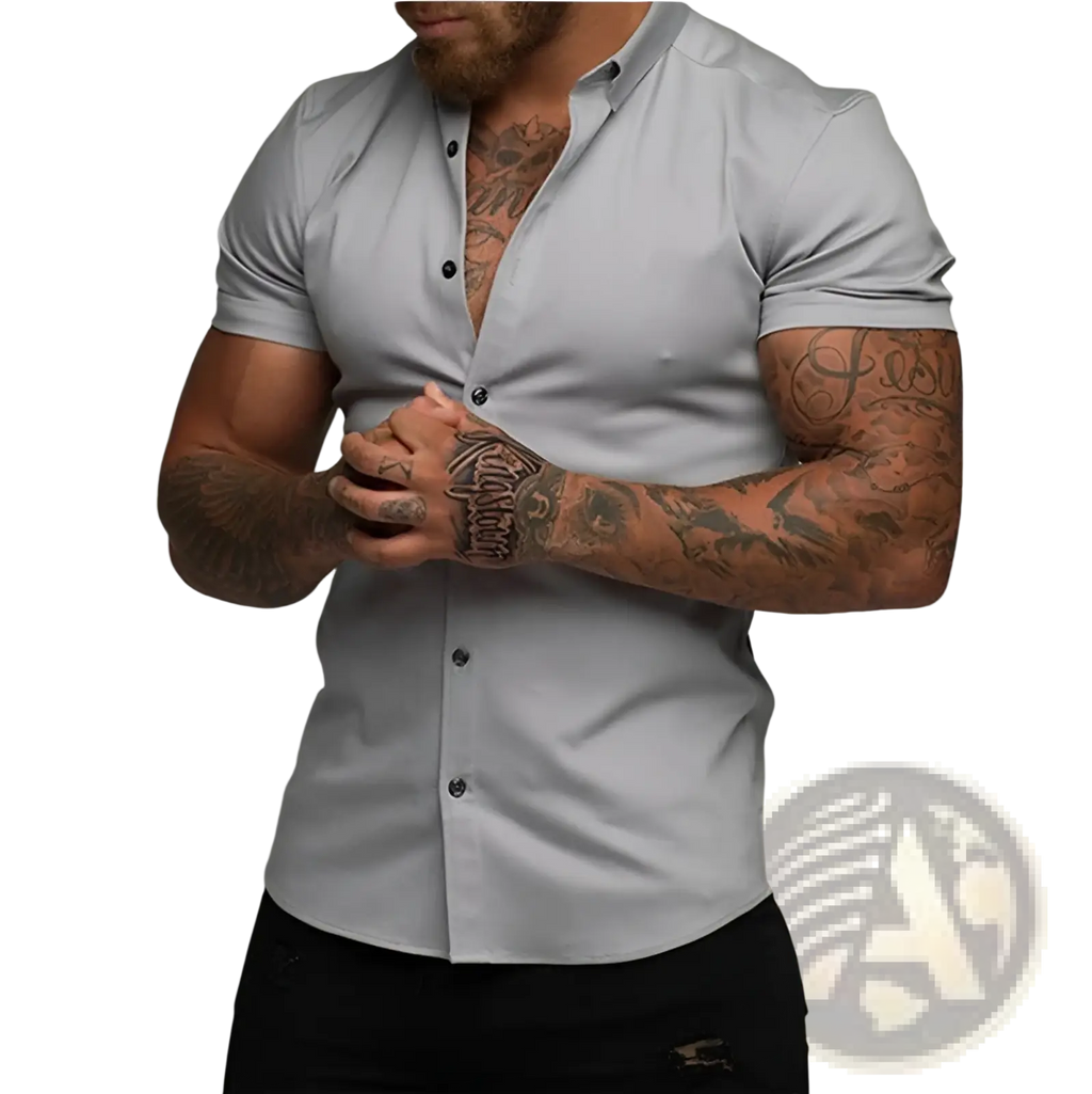 Men muscle fit polo shirt in sleek light gray with a modern fit and subtle textured short-sleeve button-up design