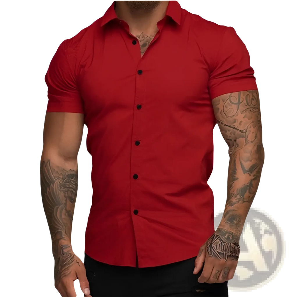 Men muscle fit polo shirt featuring a vibrant red short-sleeved button-up design with black buttons and classic collar