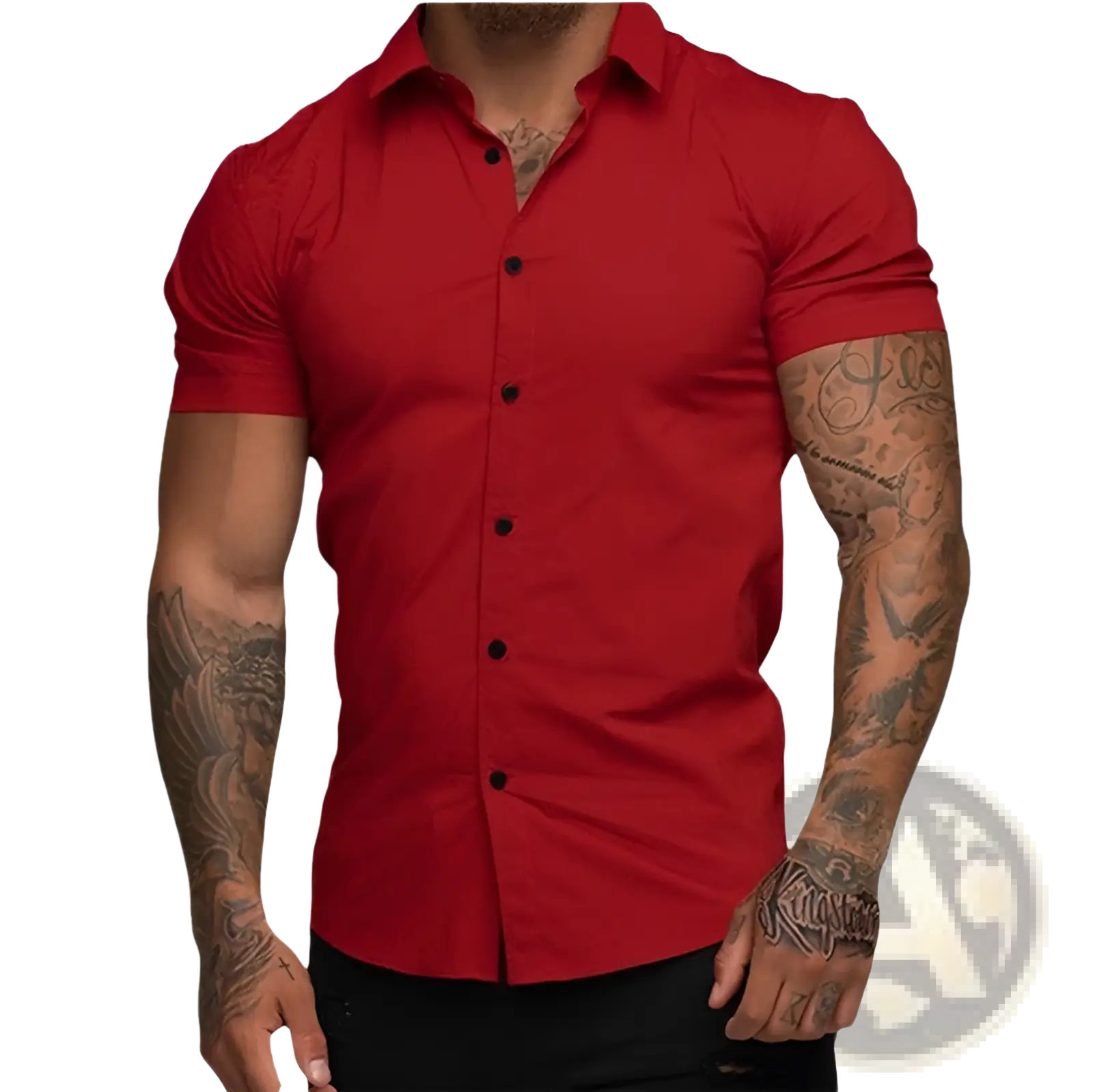 Men muscle fit polo shirt featuring a vibrant red short-sleeved button-up design with black buttons and classic collar