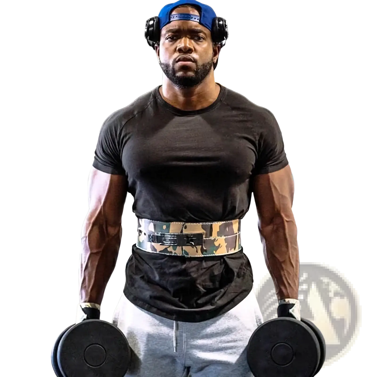 Camouflage-patterned weightlifting belt with black metal hardware designed for men muscle slim fit cotton workout tshirt use