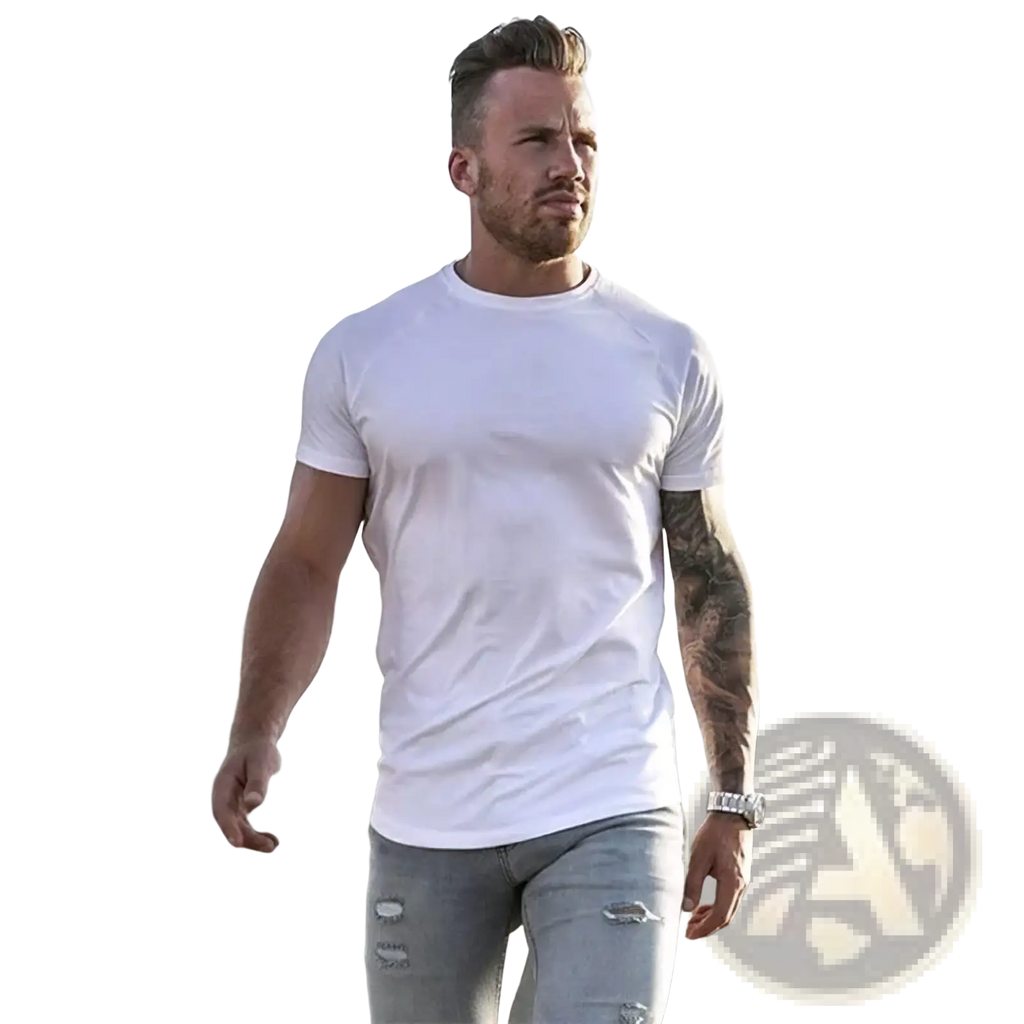 Men muscle slim fit white cotton short-sleeved crew neck t-shirt designed for workout and athletic use