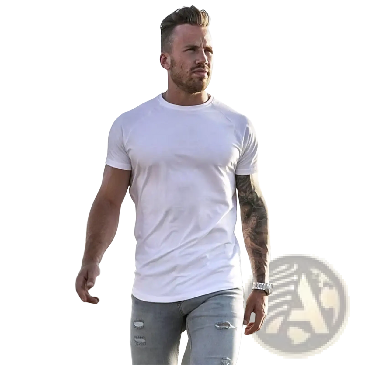 Men muscle slim fit white cotton short-sleeved crew neck t-shirt designed for workout and athletic use