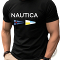 Men nautica graphic letter print summer t shirt in black cotton with white lettering and nautical signal flags on chest