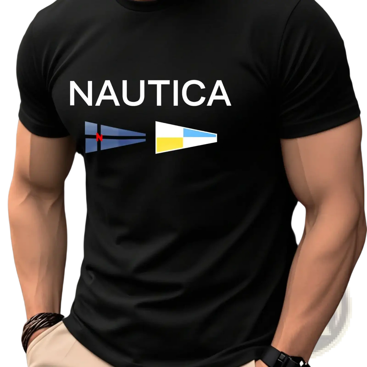Men nautica graphic letter print summer t shirt in black cotton with white lettering and nautical signal flags on chest