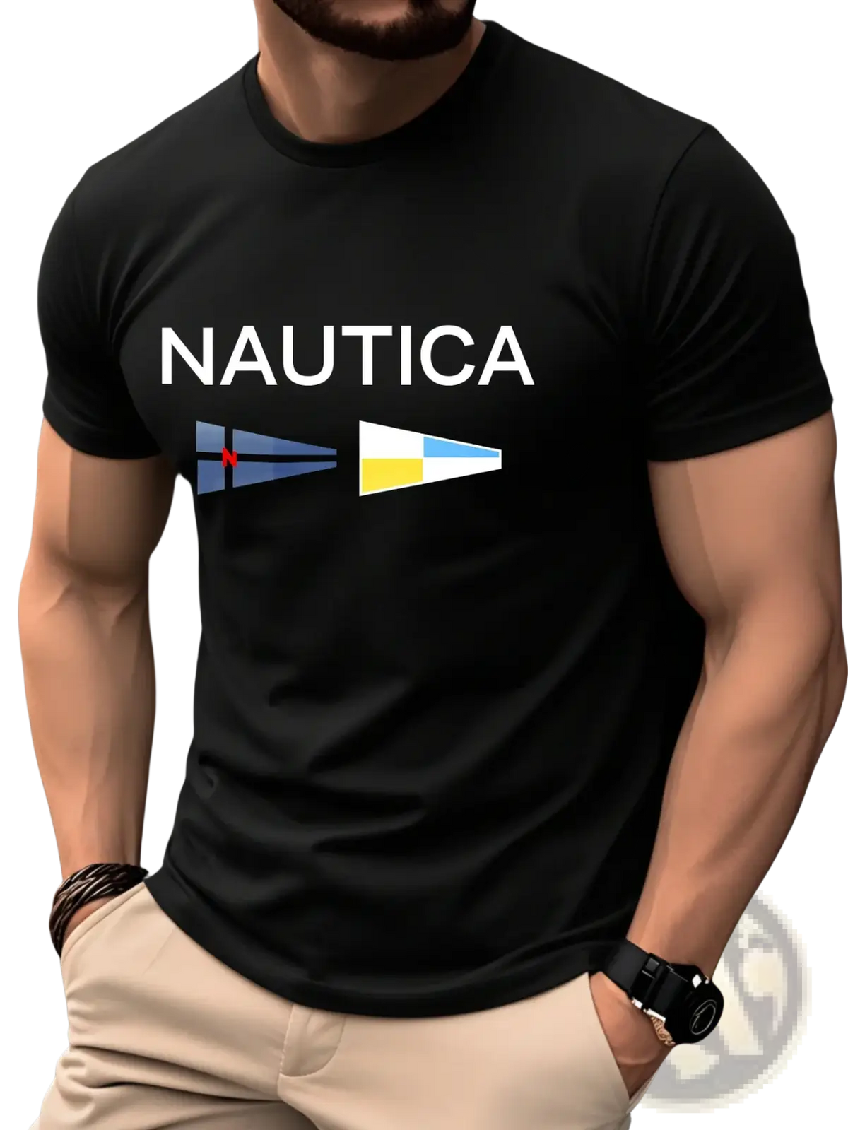 Men nautica graphic letter print summer t shirt in black cotton featuring white lettering and two nautical flags design