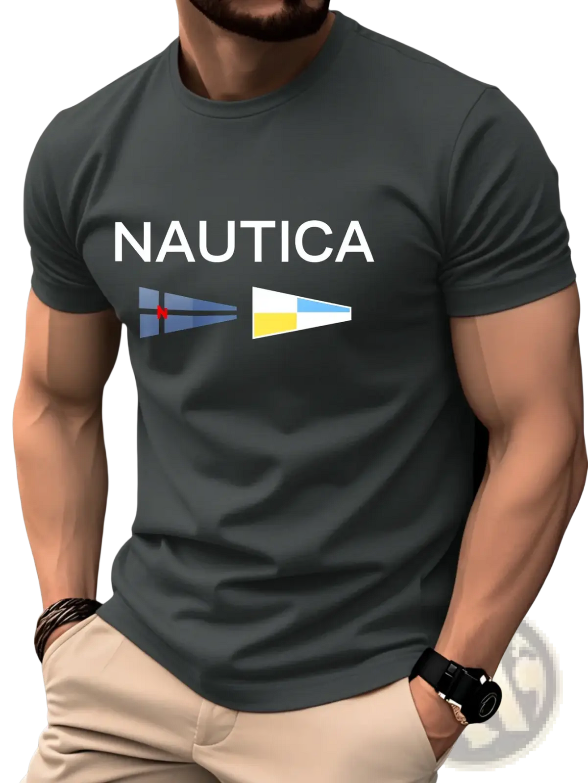 Men nautica dark gray cotton t shirt with white logo and two nautical signal flags printed across the chest