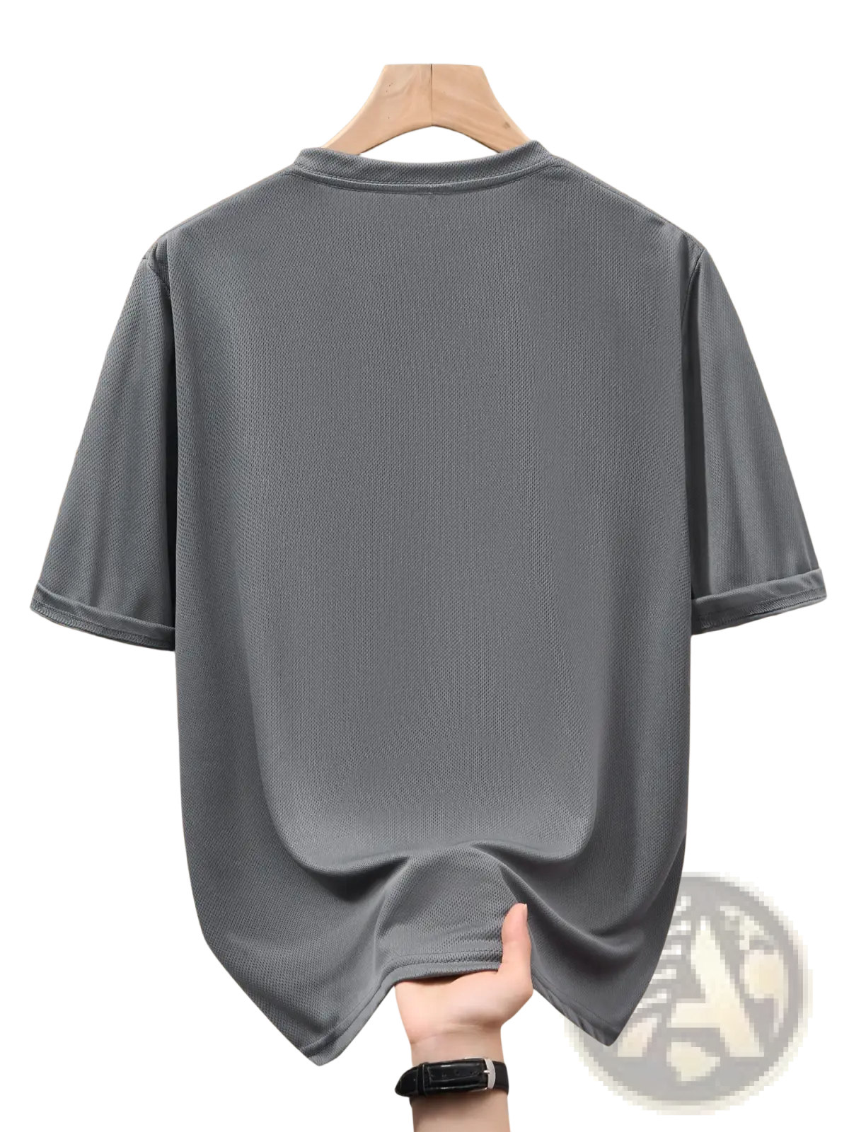 Men Nautica gray short-sleeved summer t shirt with subtle textured weave and rounded neckline on wooden hanger
